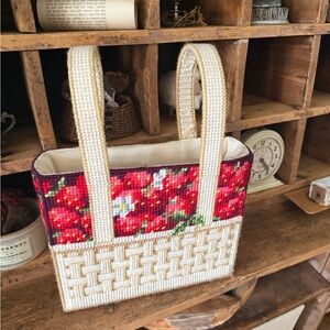 Gorgeous Vintage Floral Strawberry Needlepoint Basket Purse